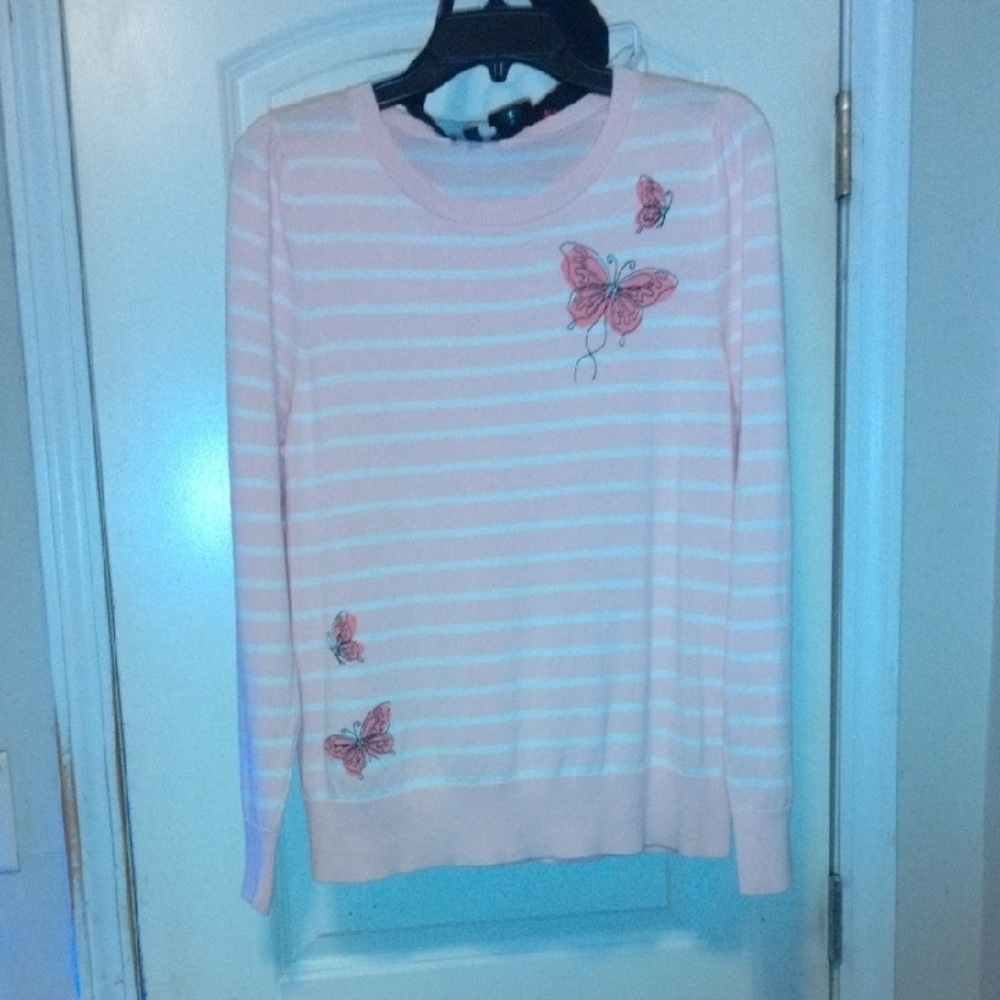 Striped Pink Sweater with Butterfly Design
